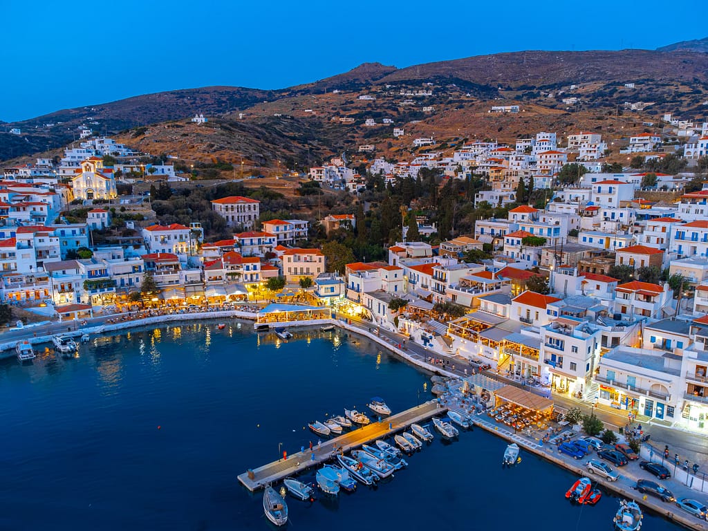 View of Batsi area in Andros, Greece