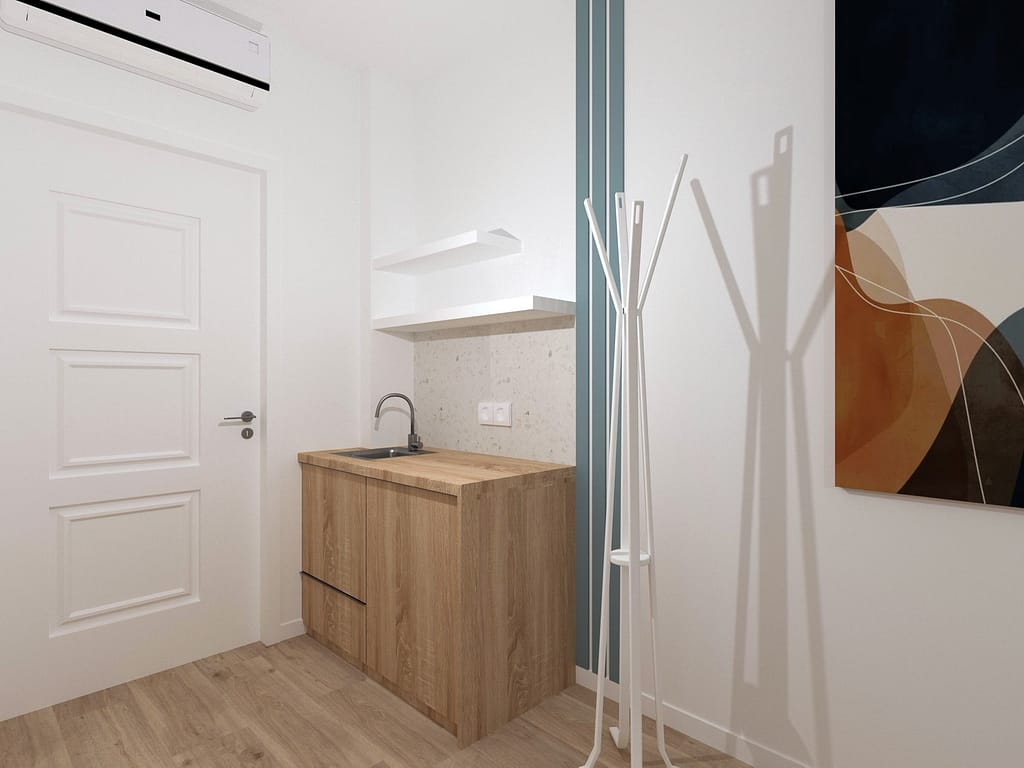 Kitchenette in the deluxe double sea view room at Apanemo Seaside, Batsi Andros