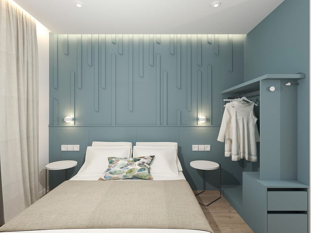 Double bed in the deluxe double sea view room at Apanemo Seaside, Batsi Andros